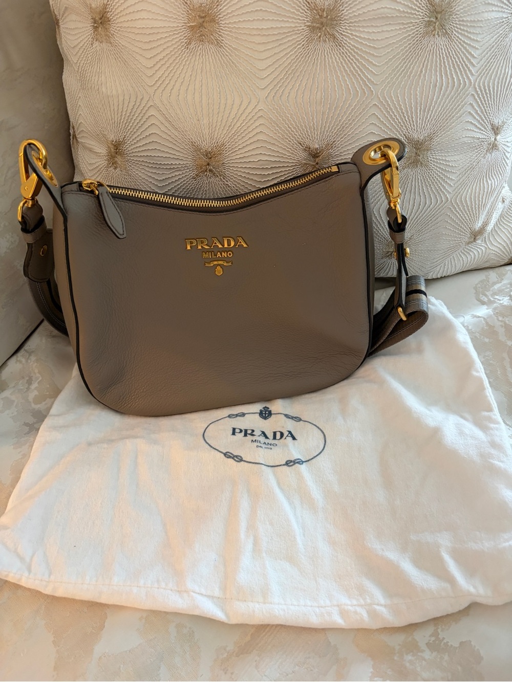 Prada Gray Leather Cross body Bag with Gold Hardware